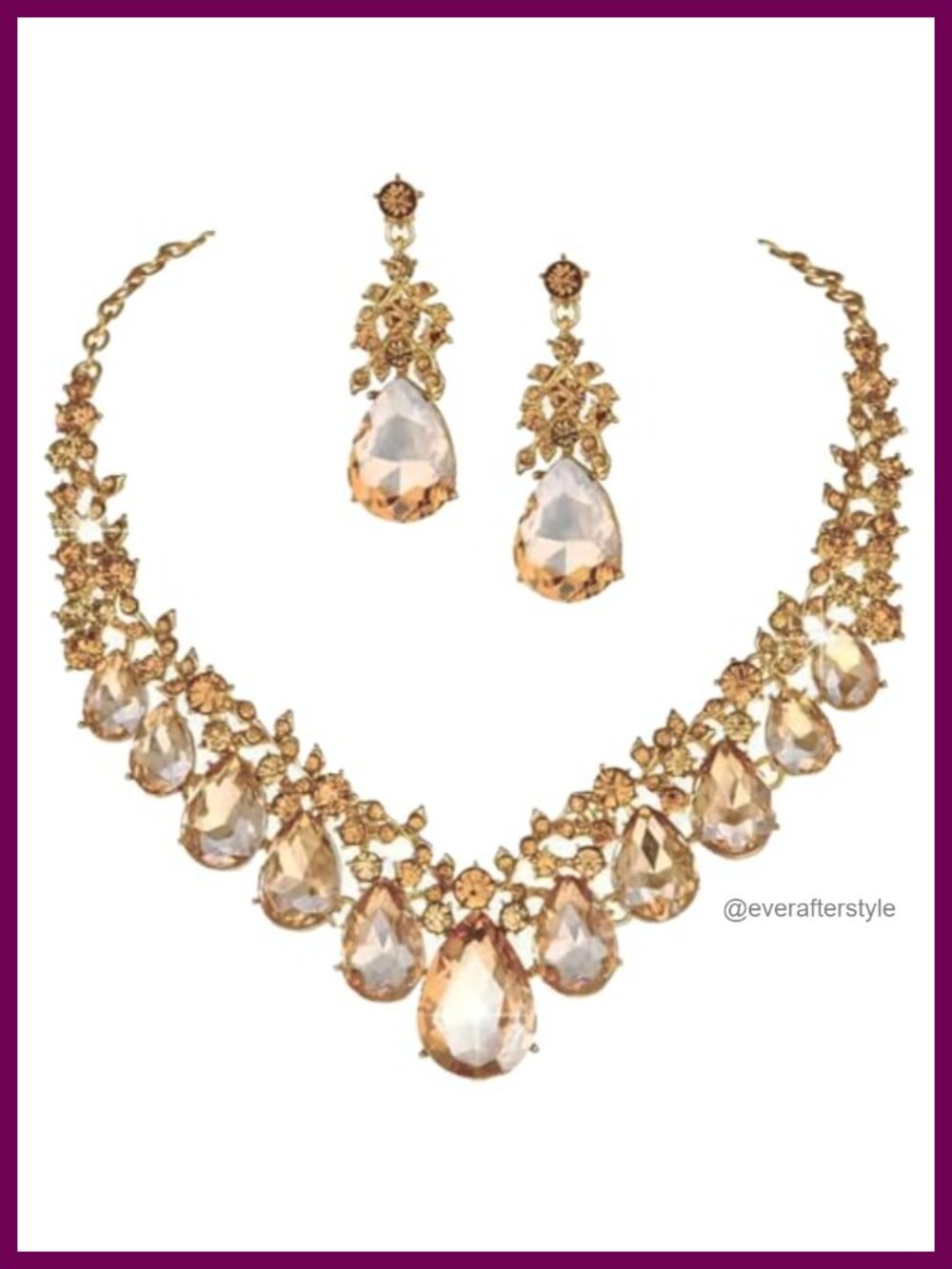Gold Tone Art Deco Rhinestone Statement Earrings Necklace Set